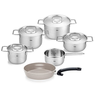 Fissler Pure Collection / 6-piece stainless steel cookware set with metal lid (3 saucepans, 1 stew pot, 1 saucepan, Ceratal Comfort frying pan 24 cm) - Induction, Silver on sale